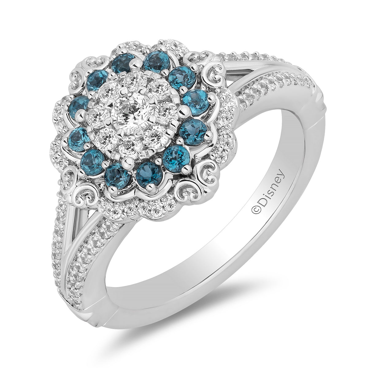 On sale Enchanted Disney Ring / Cinderella Ring / Octagonal 1.40 CT London Blue Topaz and Diamond Ring / Wedding Women's Ring / 14K Solid White Gold