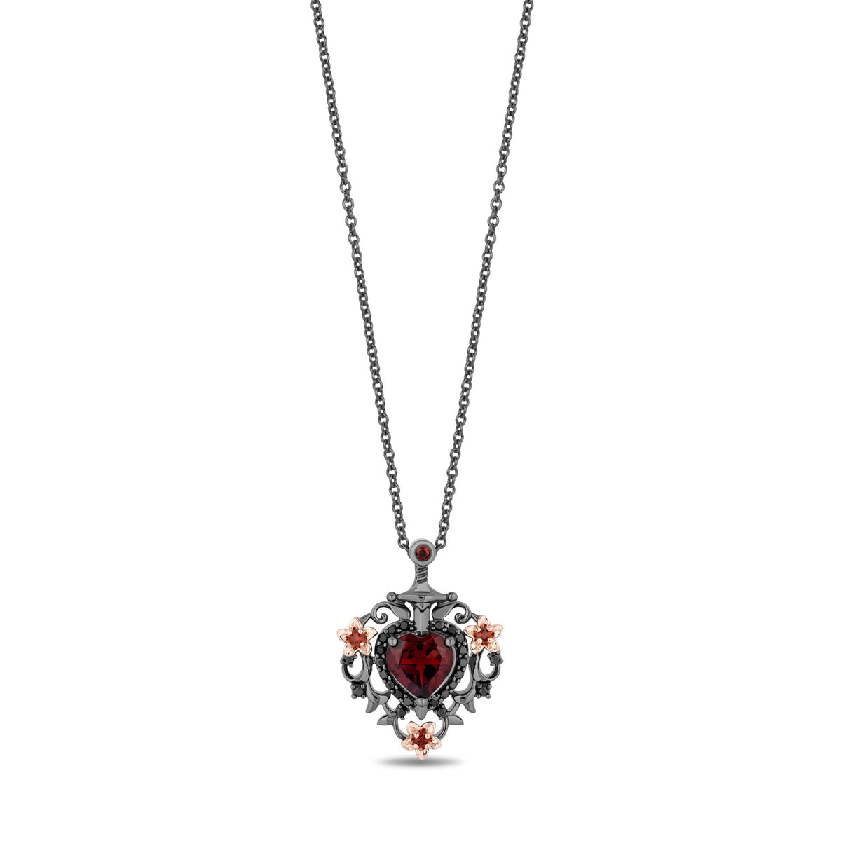 Enchanted Disney Fine Jewelry Black Rhodium over Sterling Silver and 10K  Rose Gold with 1/5 CTTW Black Diamond and Red Garnet Snow White 85th 
