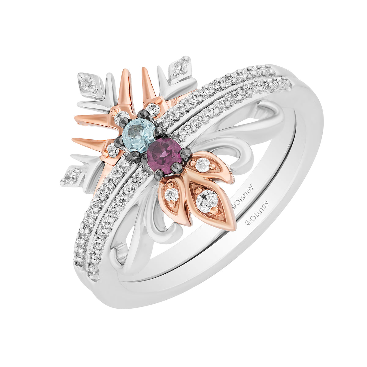 Enchanted Disney Fine Jewelry Sterling Silver and 10K Rose Gold With 1/5  CTTW Diamond with Round Swiss Blue Topaz and Rhodolite Garnet Elsa and Anna 