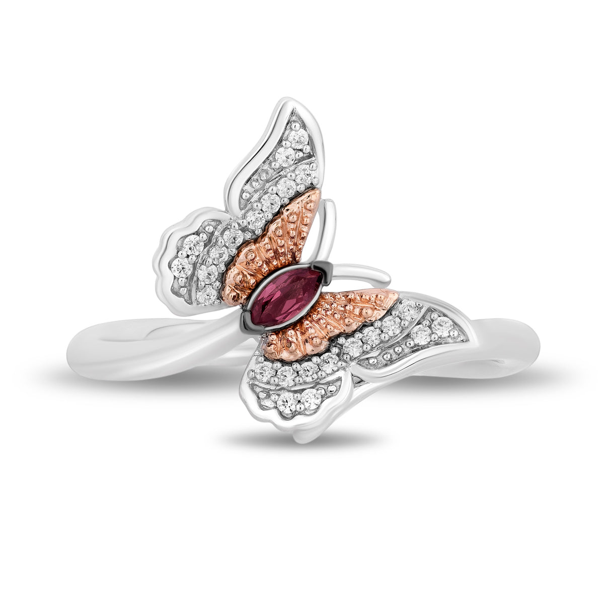 Enchanted Disney Fine Jewelry Sterling Silver and 10K Rose Gold 1/10 CTTW  Diamond and Rhodolite Garnet Mulan Butterfly Ring