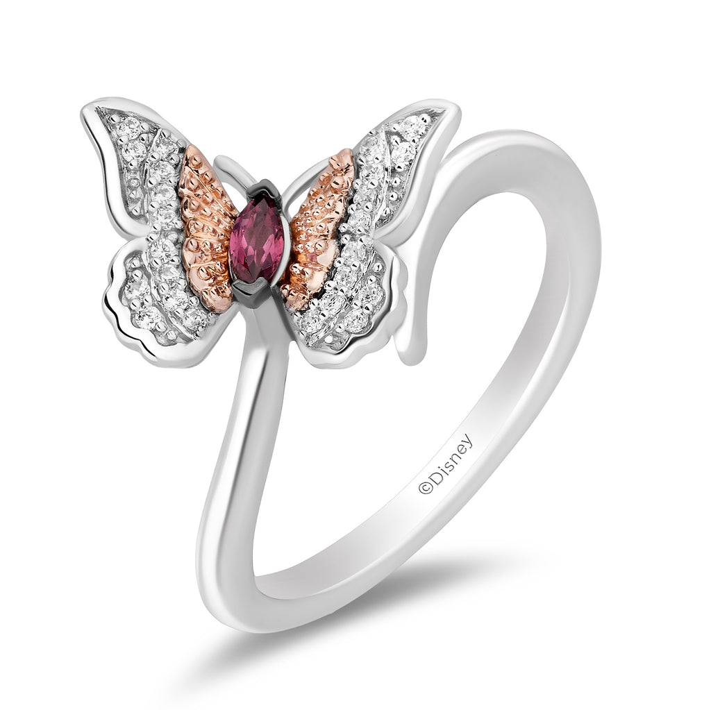 Enchanted Disney Fine Jewelry Sterling Silver and 10K Rose Gold 1/10 CTTW  Diamond and Rhodolite Garnet Mulan Butterfly Ring