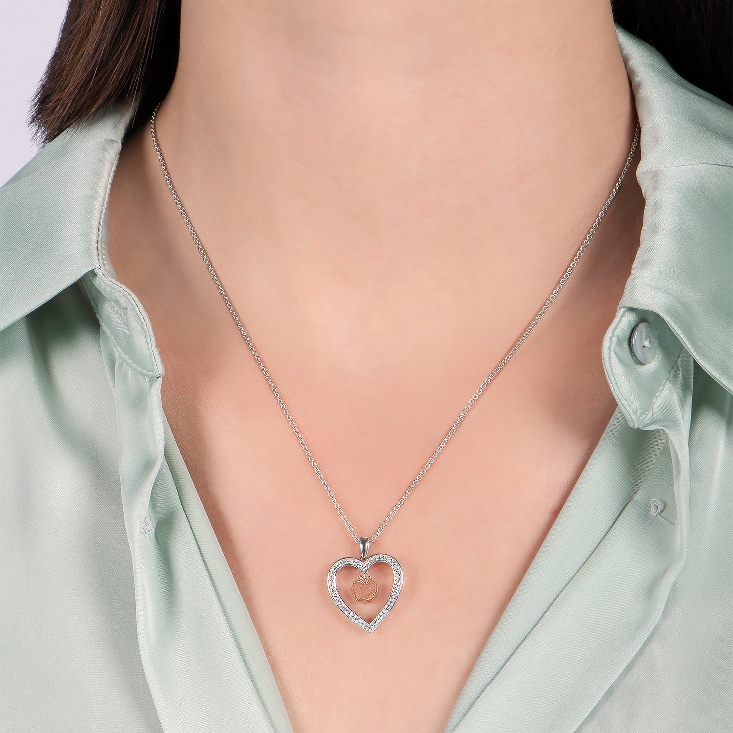 Enchanted Disney Fine Jewelry Sterling Silver and 10K Rose Gold with 1/5  CTTW Diamond Snow White Heart Pendant Necklace