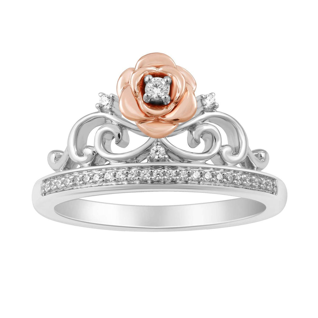 Enchanted Disney Fine Jewelry Sterling Silver and 10K Rose Gold with 1/10  CTTW Diamond and Amethyst Ariel Shell Tiara Ring