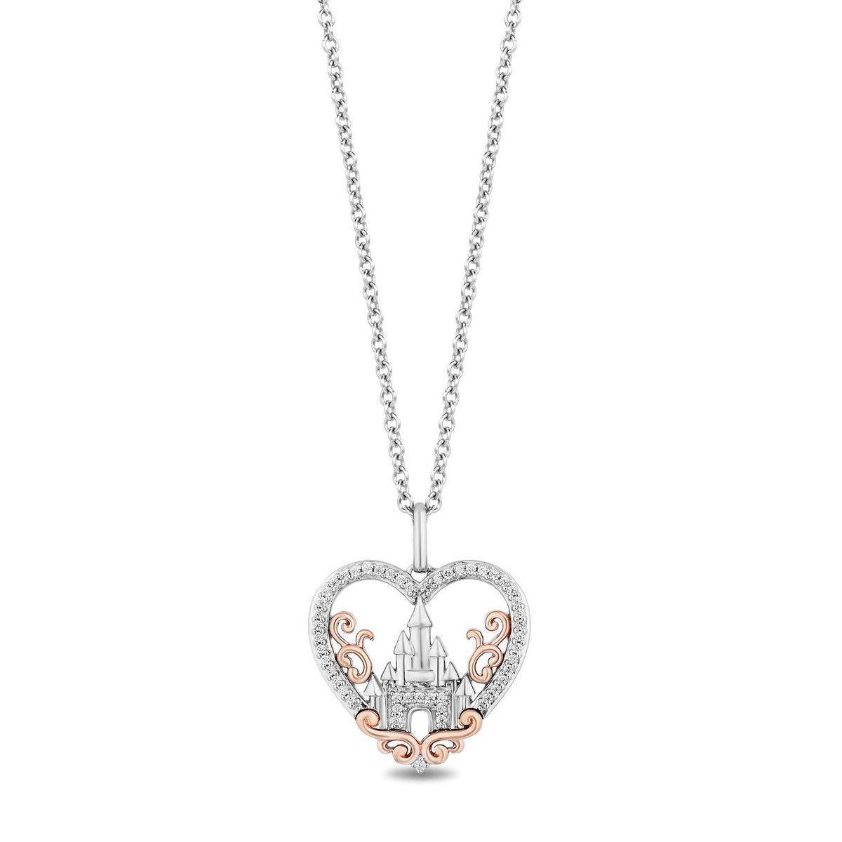 Disney Belle Inspired Diamond Rose with Heart Pendant Necklace in 10K Sterling Silver & Rose Gold 1/6 Cttw | Enchanted Disney Fine Jewelry