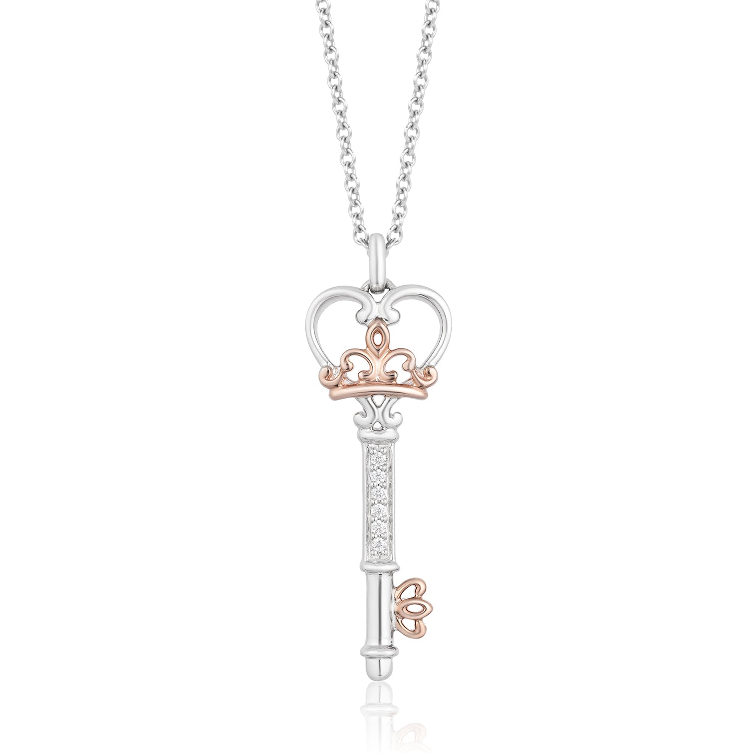 Enchanted Disney Fine Jewelry Sterling Silver and 10K Rose Gold 1/20 CTTW  Majestic Princess Crown Pendant Necklace