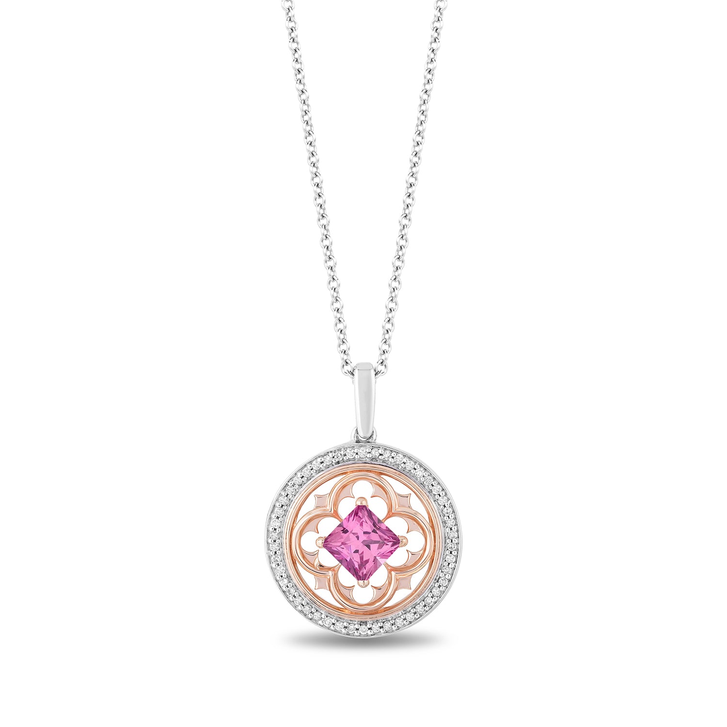 Enchanted Disney Fine Jewelry 14K Rose Gold Over Sterling Silver with 1/5  CTTW Diamond and Created Pink Sapphire Aurora Pendant Necklace