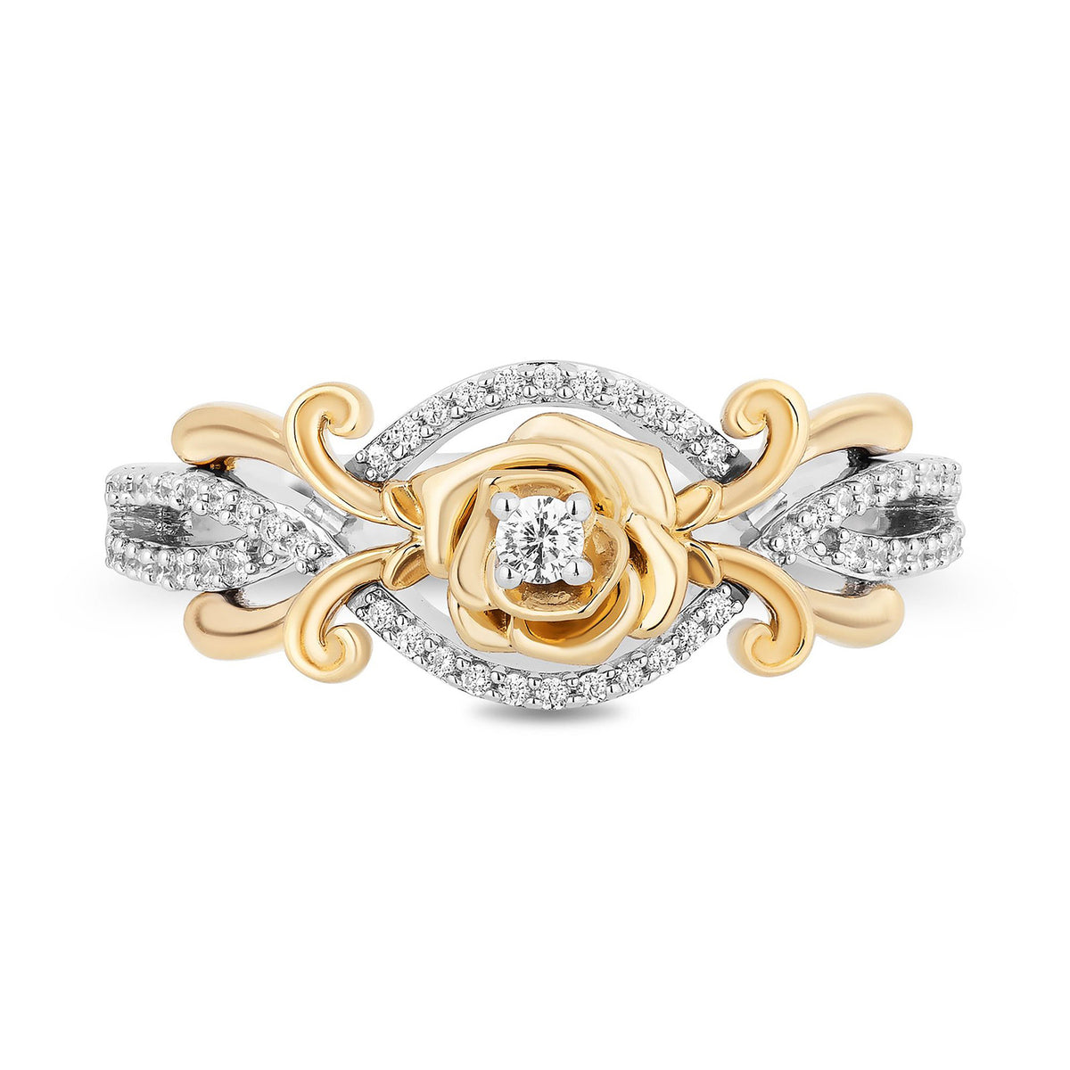 Enchanted Disney Fine Jewelry Sterling Silver and 10K Yellow Gold with 1/5  CTTW Diamond Belle 30th Rose Ring