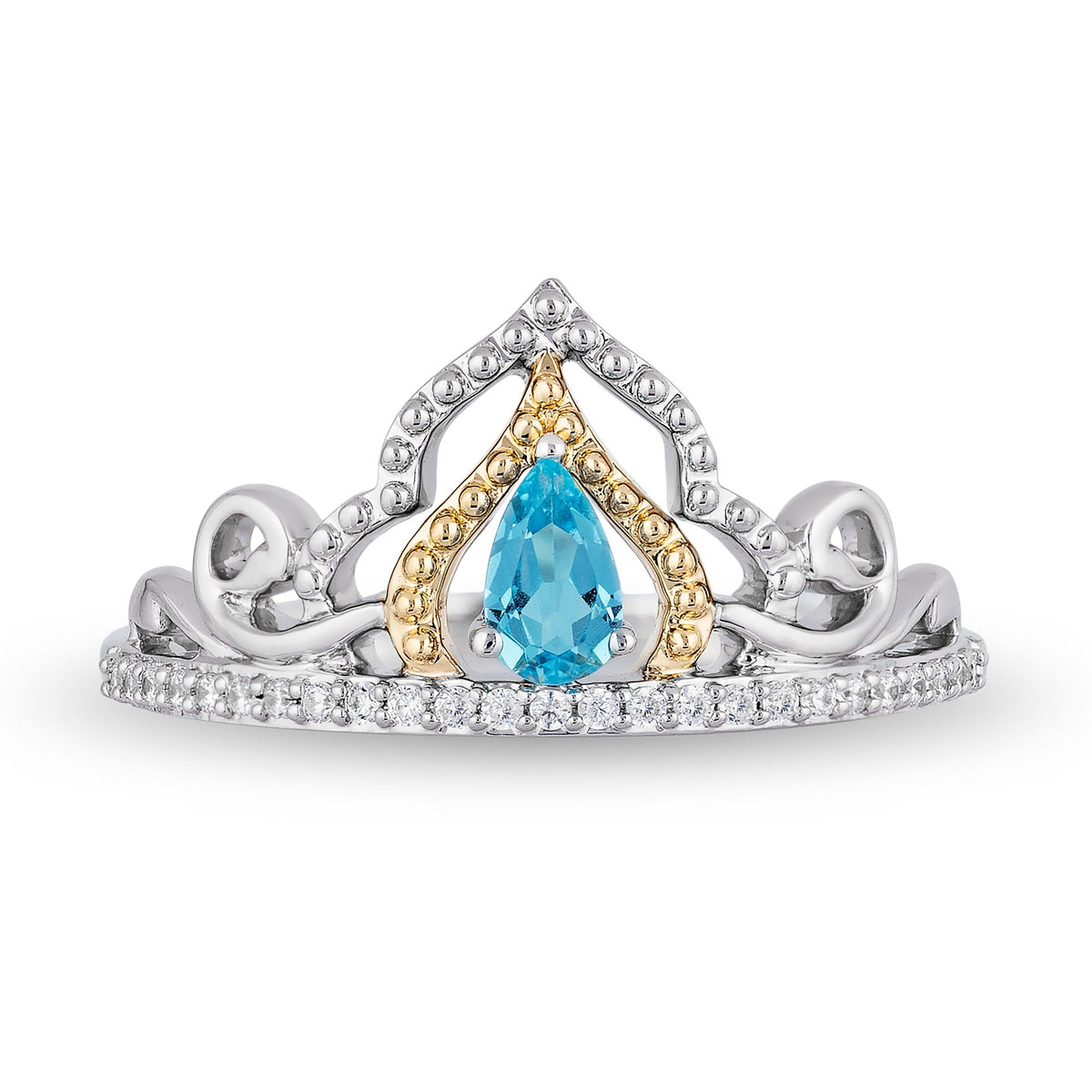 Enchanted Disney Fine Jewelry Sterling Silver and 10K Yellow Gold 1 10 CTTW Diamond and Swiss Blue Topaz Jasmine Ring